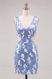 Vestido de bienvenida de bienvenida con lentejuelas azules con escote en V y corte ajustado