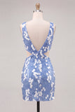 Vestido de bienvenida de bienvenida con lentejuelas azules con escote en V y corte ajustado