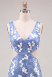 Vestido de bienvenida de bienvenida con lentejuelas azules con escote en V y corte ajustado