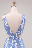Vestido de bienvenida de bienvenida con lentejuelas azules con escote en V y corte ajustado