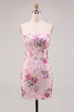 Vestido de bienvenida rosa bodycon sin tirantes florales con lentejuelas