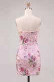 Vestido de bienvenida rosa bodycon sin tirantes florales con lentejuelas