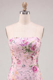 Vestido de bienvenida rosa bodycon sin tirantes florales con lentejuelas