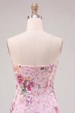 Vestido de bienvenida rosa bodycon sin tirantes florales con lentejuelas