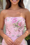 Vestido de bienvenida rosa bodycon sin tirantes florales con lentejuelas