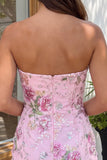 Vestido de bienvenida rosa bodycon sin tirantes florales con lentejuelas