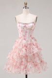 Corsé rosa A-Line Blusé floral con volantes y vestido de bienvenida en la espalda