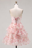 Corsé rosa A-Line Blusé floral con volantes y vestido de bienvenida en la espalda