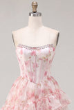 Corsé rosa A-Line Blusé floral con volantes y vestido de bienvenida en la espalda