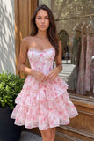 Corsé rosa A-Line Blusé floral con volantes y vestido de bienvenida en la espalda