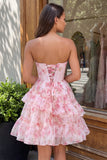 Corsé rosa A-Line Blusé floral con volantes y vestido de bienvenida en la espalda