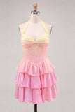 Corsé de escote halter amarillo y rosa A-line Vestido de chiffon de fin de curso