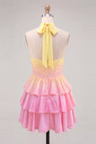 Corsé de escote halter amarillo y rosa A-line Vestido de chiffon de fin de curso