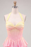 Corsé de escote halter amarillo y rosa A-line Vestido de chiffon de fin de curso