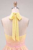Corsé de escote halter amarillo y rosa A-line Vestido de chiffon de fin de curso