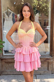Corsé de escote halter amarillo y rosa A-line Vestido de chiffon de fin de curso