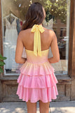Corsé de escote halter amarillo y rosa A-line Vestido de chiffon de fin de curso