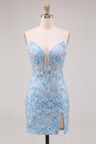 Corsé azul cielo con flores aplicadas, vestido ajustado de bienvenida con abertura