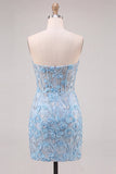 Corsé azul cielo con flores aplicadas, vestido ajustado de bienvenida con abertura