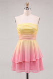 Vestido de bienvenida de fin de curso amarillo y rosa, tirante de gasa de gasa