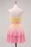 Vestido de bienvenida de fin de curso amarillo y rosa, tirante de gasa de gasa
