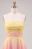 Vestido de bienvenida de fin de curso amarillo y rosa, tirante de gasa de gasa
