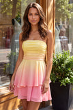 Vestido de bienvenida de fin de curso amarillo y rosa, tirante de gasa de gasa