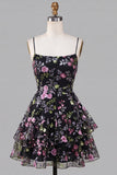 Vestido de bienvenida en la espalda con tirantes finos negros negros de tirantes finos con encaje floral y lentejuelas