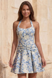 Vestido de bienvenida azul claro con escote halter, escote en forma de A, Jacquard con flores