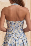 Vestido de bienvenida azul claro con escote halter, escote en forma de A, Jacquard con flores