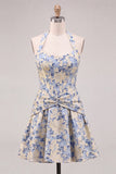 Vestido de bienvenida azul claro con escote halter, escote en forma de A, Jacquard con flores