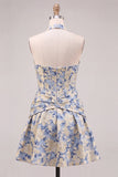 Vestido de bienvenida azul claro con escote halter, escote en forma de A, Jacquard con flores