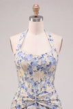 Vestido de bienvenida azul claro con escote halter, escote en forma de A, Jacquard con flores