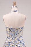 Vestido de bienvenida azul claro con escote halter, escote en forma de A, Jacquard con flores