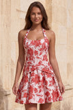 Vestido de bienvenida azul claro con escote halter, escote en forma de A, Jacquard con flores