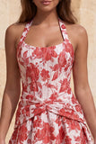 Vestido de bienvenida azul claro con escote halter, escote en forma de A, Jacquard con flores