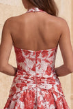 Vestido de bienvenida azul claro con escote halter, escote en forma de A, Jacquard con flores