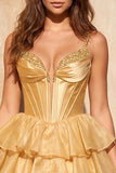 Corsé dorado A-Line con corsé de cuentas y acabado con vestido de bienvenida y encaje en la espalda