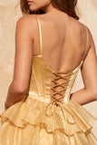 Corsé dorado A-Line con corsé de cuentas y acabado con vestido de bienvenida y encaje en la espalda