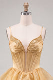 Corsé dorado A-Line con corsé de cuentas y acabado con vestido de bienvenida y encaje en la espalda