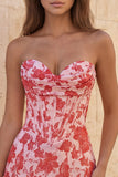 Corsé rojo Sweetheart Bodycon floral fruncido vestido corto de bienvenida