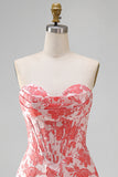Corsé rojo Sweetheart Bodycon floral fruncido vestido corto de bienvenida