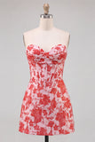 Corsé rojo Sweetheart Bodycon floral fruncido vestido corto de bienvenida
