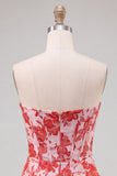 Corsé rojo Sweetheart Bodycon floral fruncido vestido corto de bienvenida