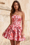 Corsé sin tirantes rojo Jacquard Vestido floral de bienvenida con lazo
