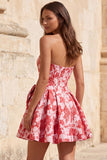 Corsé sin tirantes rojo Jacquard Vestido floral de bienvenida con lazo