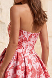 Corsé sin tirantes rojo Jacquard Vestido floral de bienvenida con lazo