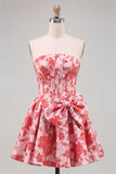 Corsé sin tirantes rojo Jacquard Vestido floral de bienvenida con lazo
