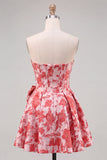 Corsé sin tirantes rojo Jacquard Vestido floral de bienvenida con lazo