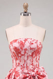 Corsé sin tirantes rojo Jacquard Vestido floral de bienvenida con lazo